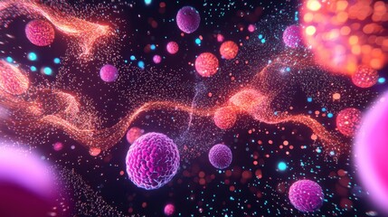Fototapeta premium A colorful, abstract representation of particles and molecules floating in a cosmic environment, showcasing vibrant colors and dynamic movement.