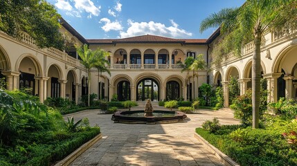 Fototapeta premium Mediterranean Mansion Courtyard: Opulence and Tranquility