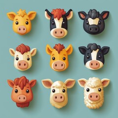 Obraz premium Cute Cartoon Farm Animals Heads Pig Cow Sheep Horse Illustrations