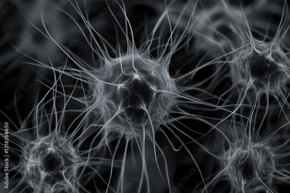 Poster detailed close-up images of neurons in the brain captured at a tilted angle using electron microscop