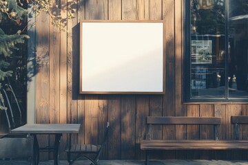 Blank Signboard on Wooden Wall Outside of a Cozy Cafe Setting
