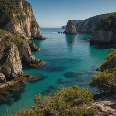 Obraz premium A peaceful bay on an island where the water is calm and the surrounding cliffs provide natural shelter.