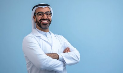 Arab male doctor standing with arms crossed, smiling on a light blue background.