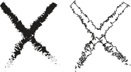 Cross icons set in black flat and outline styles. Wrong mark symbols. NO button for checkbox voting. Disagree tick box symbols. Cross X signs. Cross brush vectors isolated on transparent background.