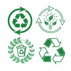 Stylish green recycling signs featuring curved arrows, heart, and leaf symbols, conveying eco-friendliness and sustainability, with rounded angles and vibrant vector illustration.