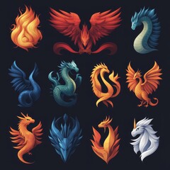Fototapeta premium Mythical Creatures Collection Dragons Phoenix Unicorn Fantasy Art Logo Design