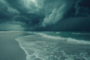 Dramatic stormy beach scene with dark clouds gathering over turbulent waves and rain falling