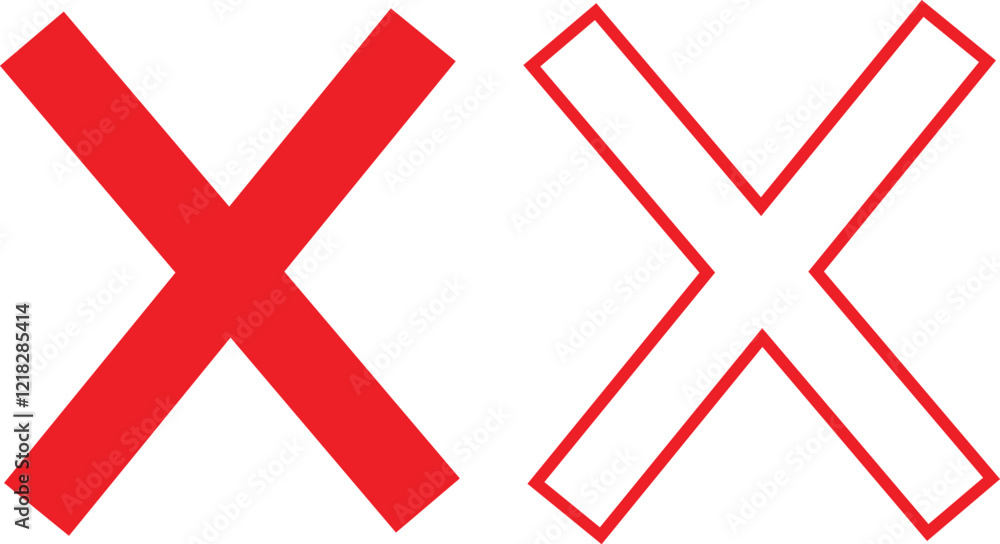 Poster cross sign icons set in red flat and outline styles. wrong mark symbols. no button for checkbox voti