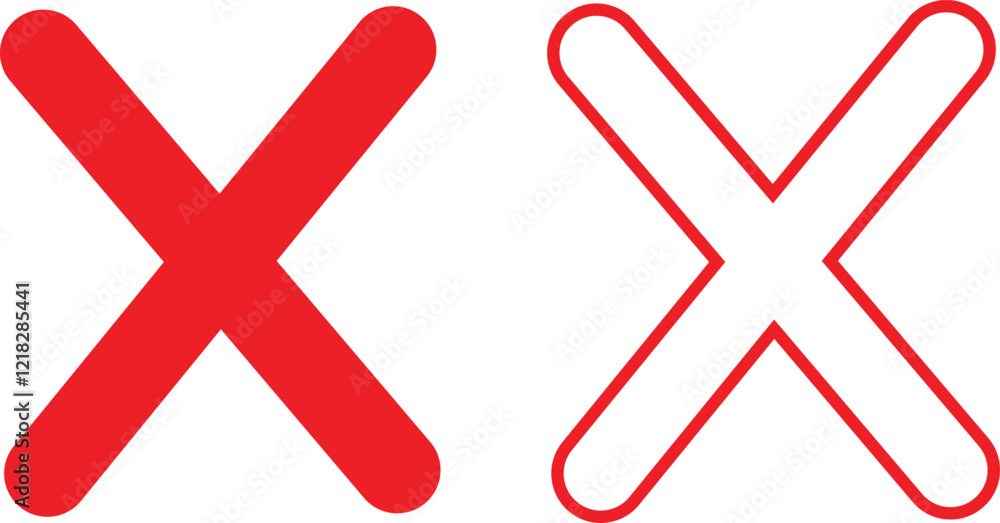 Poster cross sign icons set in red flat and outline styles. wrong mark symbols. no button for checkbox voti