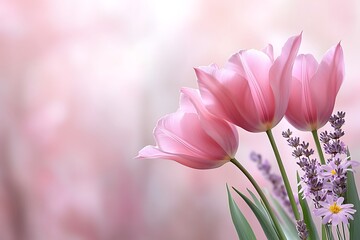 Fototapeta premium Floral elegance in nature background pink tulips and lavenders serene environment
