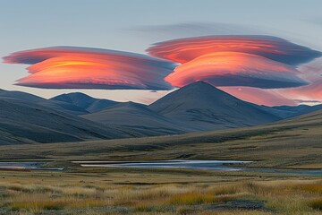 Stunning sunset over mountainous landscape with unique cloud formations reflecting vibrant colors