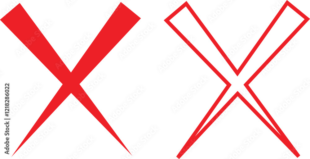 Poster cross sign icons set in red flat and outline styles. wrong mark symbols. no button for checkbox voti