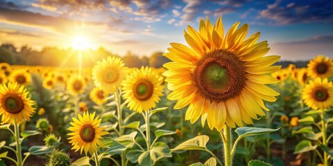Fototapeta premium Golden sunflower field with tall and slender flowers swaying gently in the breeze on a warm summer day