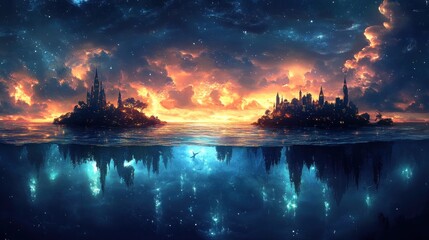 Fantasy cityscapes on twin islands mirrored in glowing water under a vibrant sunset sky.