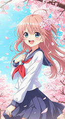 Fototapeta premium Cheerful girl with long hair with cherry blossoms and school uniform. Anime cartoon illustration