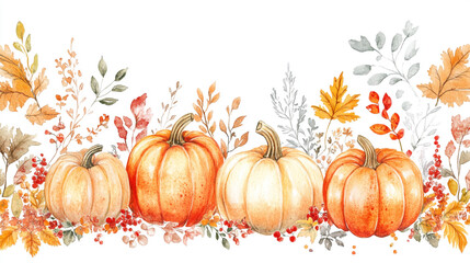 Naklejka premium A vibrant pattern featuring pumpkins and autumn color design, Watercolor-style border illustration with pumpkins, leaves, and flowers, abstract pumpkin orange color effect in white background.