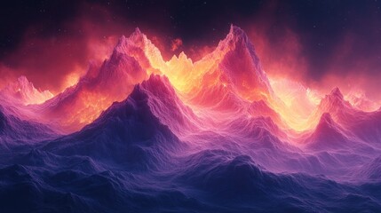 Fiery sunset illuminates snow-capped mountains, creating a surreal, vibrant landscape.