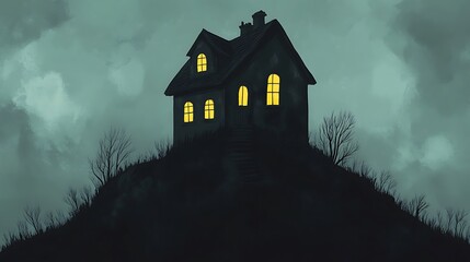 A Lonely House with Glowing Windows on a Hilltop