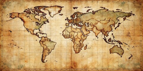 Naklejka premium An aged world map illustration, showing continents and oceans, designed with a vintage aesthetic, displaying a distressed parchment texture and faded ink markings.