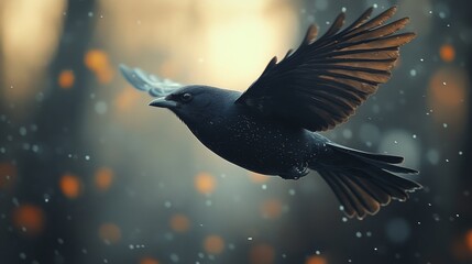 Dark bird in flight, bokeh background.