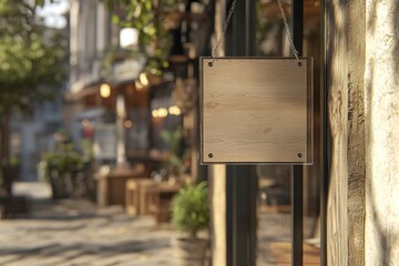 Blank Wooden Signboard Hanging Outside a Cozy Street Cafe