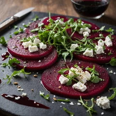 A vibrant beet carpaccio topped with goat cheese, arugula, and a balsamic glaze. © Cat