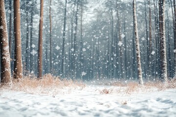 Fototapeta premium Snowflakes falling on silent woods, where the pristine snow blankets the ground and trees, creating a peaceful and serene winter scene.