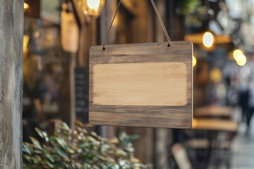 Blank Wooden Signboard Hanging in Front of Café Near Street