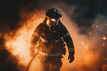 Fototapeta premium Brave Firefighter Walking Through Intense Blaze Smoke and Fire Emergency Rescue