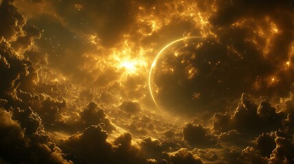 Golden Planet Rising Through Celestial Clouds