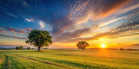 Obraz premium Sunset over vast, open fields with a few scattered trees on a clear summer day, open spaces