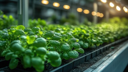 A sustainable greenhouse with rows of hydroponic vegetables, modern design and bright lighting