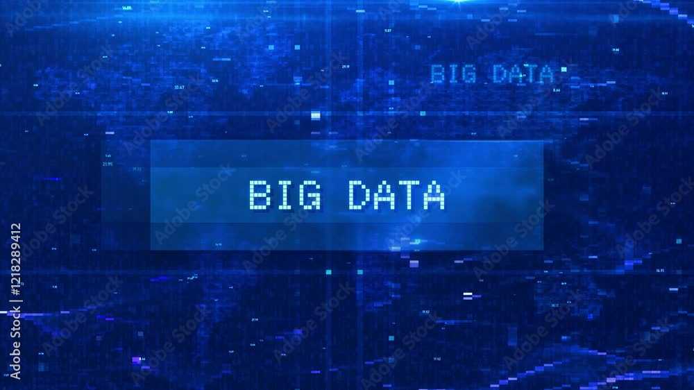 Aufkleber big data digital text animation over futuristic world map and hud effects