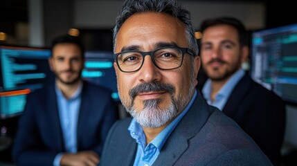 Professional Team of Data Analysts in Modern Office Setting with Computer Screens Displaying Code and Statistics, Conveying Collaboration, Technology, and Analysis