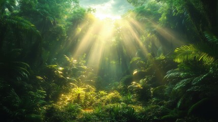 Obraz premium A vibrant rainforest scene with lush tropical trees, cascading vines, and glowing patches of sunlight breaking through the dense foliage