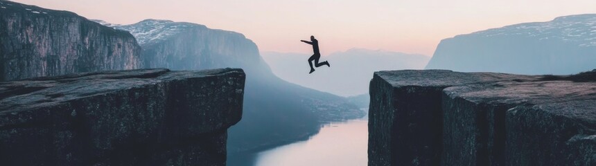 Jumping between cliffs as a metaphor for breaking limits in life and business adventures in nature