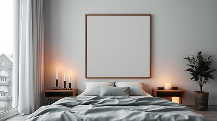 A 3D rendered illustration of a mock up poster frame in a minimalist modern bedroom, showcasing a close-up split shot with distinct details