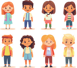 Set of happy kids in different clothes. Cartoon characters, isolated on a white background, Flat style cartoon vector illustration