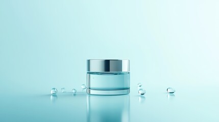 Elegant Glass Jar with Water Reflection and Droplets on Soft Blue Background Perfect for Skincare, Beauty, or Cosmetic Product Displays and Advertisements