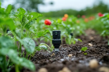 Soil moisture sensors connected to an irrigation system adjusting water levels automatically.