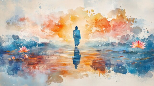 The Buddha’s miraculous walking on water, with the Buddha crossing a serene lake in a calm, reflective environment, illustrated in watercolor style.