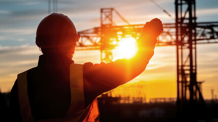 Construction Worker Silhouette: A construction worker in silhouette stands against the backdrop of a vibrant sunset,  a construction crane towering in the background.