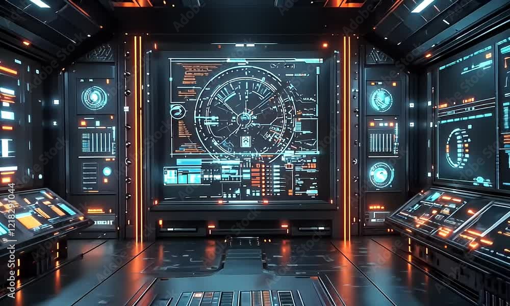 Poster futuristic spaceship bridge with advanced technology and interface displays