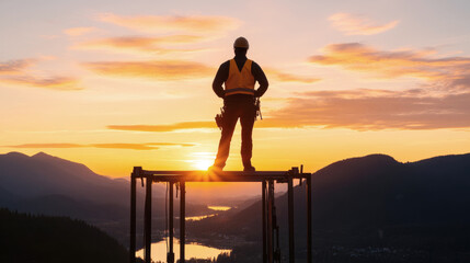 Fototapeta premium Construction Worker at Sunrise: A solitary construction worker, silhouetted against the vibrant hues of a breathtaking sunrise, stands atop a scaffold.