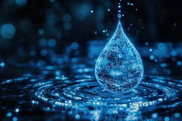 Digital blue water drop icon with binary code, artificial intelligence in water resource management, binary,code,glowing,