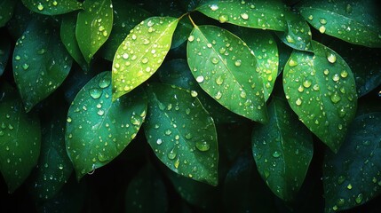 Obraz premium Rainforest leaves adorned with dew drops, vibrant greens and dynamic light refractions 