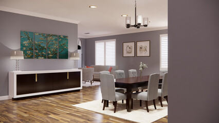 Contemporary and functional kitchen dining area meticulously visualized in a detailed 3D render. This design showcases a seamless integration of cooking and dining spaces, kitchen