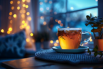 relaxation and sleep environment, herbal tea brewing, soft nightlight glowing, and calming stars beckoning a peaceful world sleep day