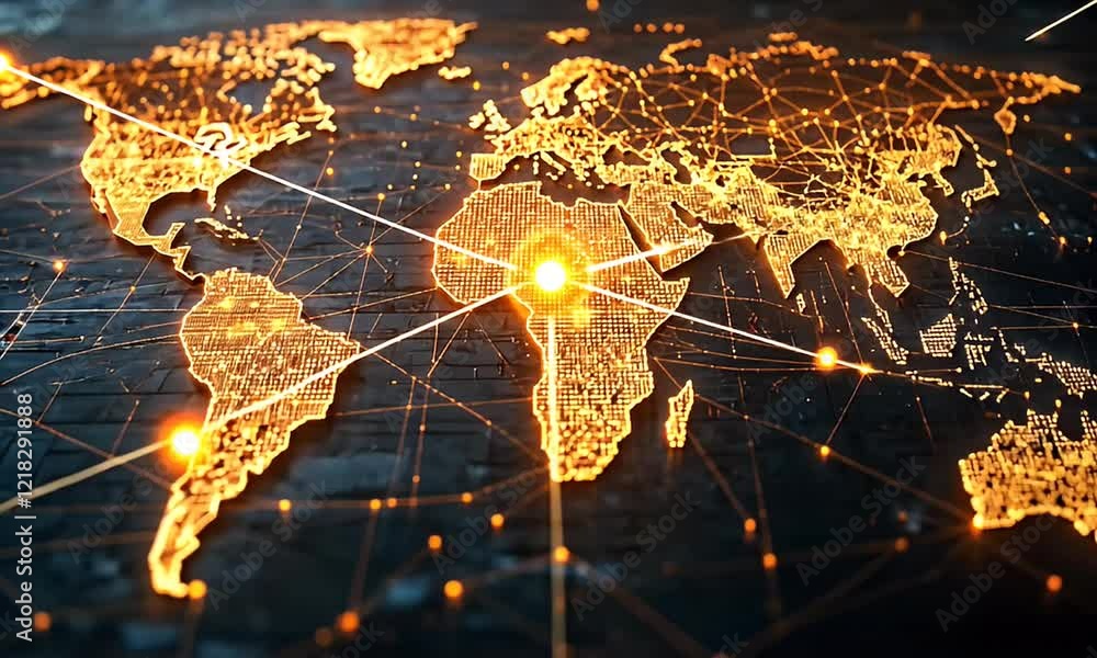 Poster illuminated global network: a digital world map showing interconnectivity