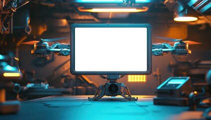 Fototapeta premium Projecting a faint holographic rectangle, a drone hovers steadily in a subtly lit, futuristic-themed environment.